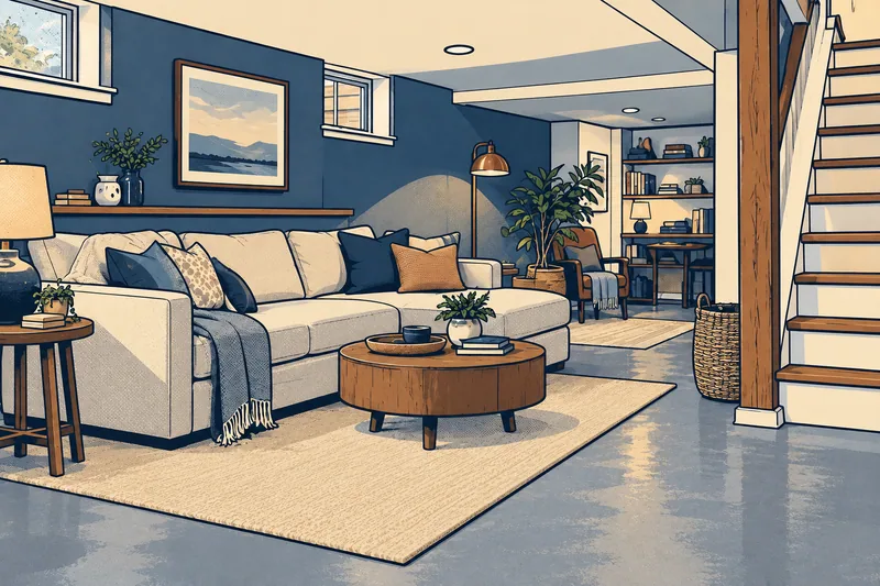 An illustrative finished basement with a sofa, high windows and a wood staircase.
