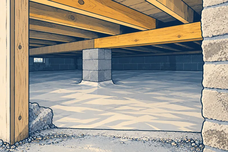 An illustrative low crawl space with timber joists and a covered floor.